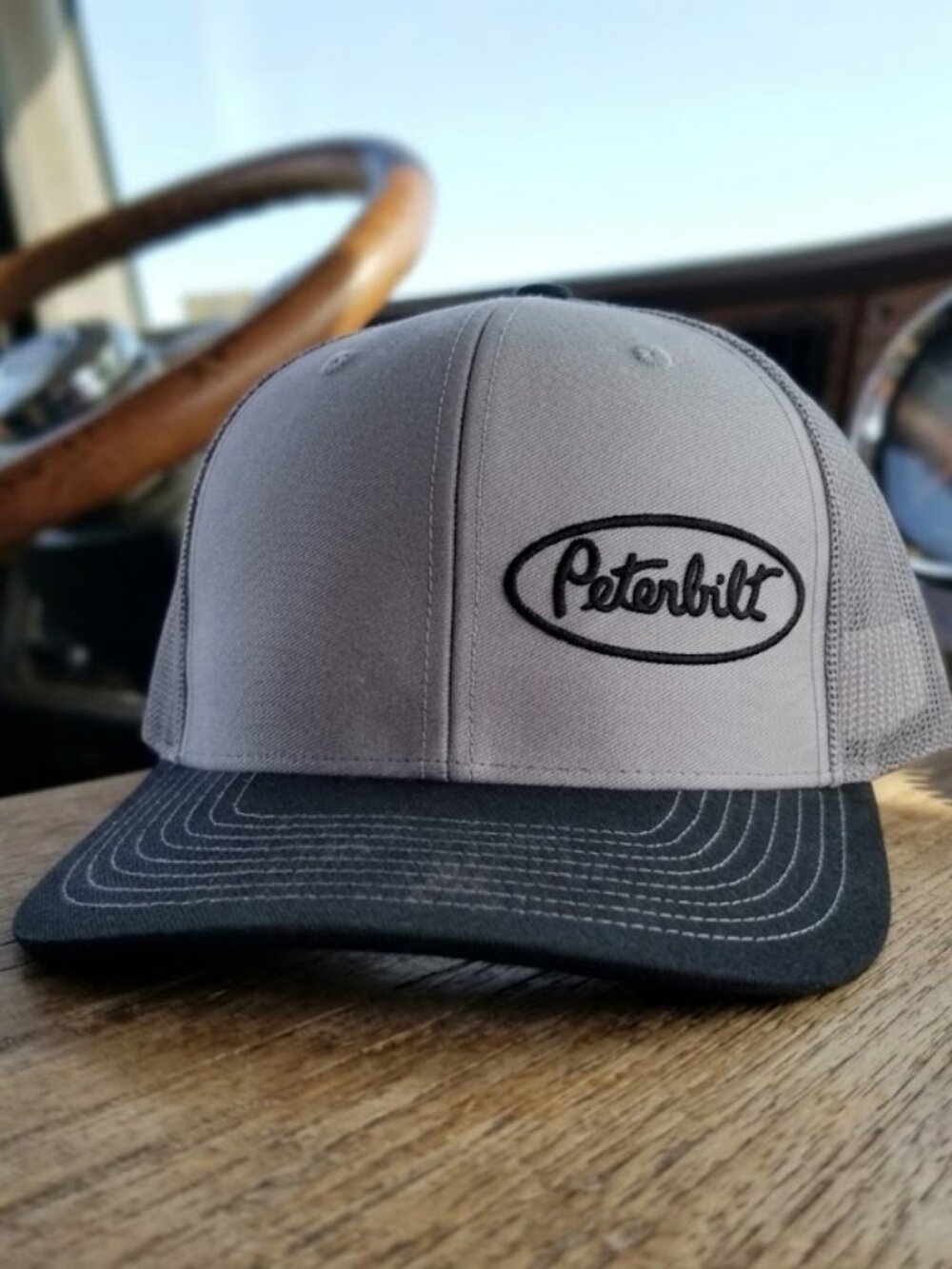 Peterbilt Semi Truck Embroidered Grey Black Richardson 112 Snapback Hat Retro 80